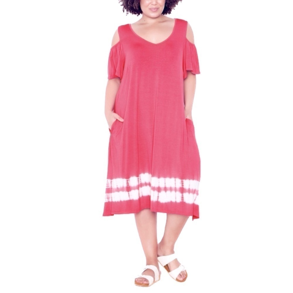 AVENUE 20W-28W Pink Tie Die Aimee Cold Shoulder Midi Dress CC02.10